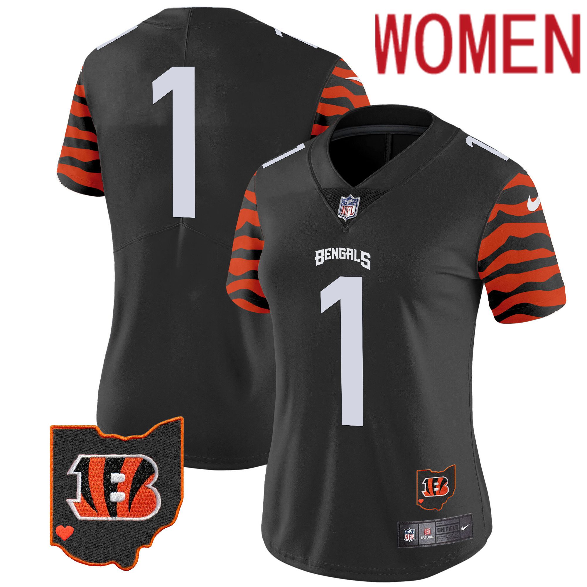 Women Cincinnati Bengals #1 Chase Black 2024 Nike Stripes Vapor Limited NFL Jersey style 1